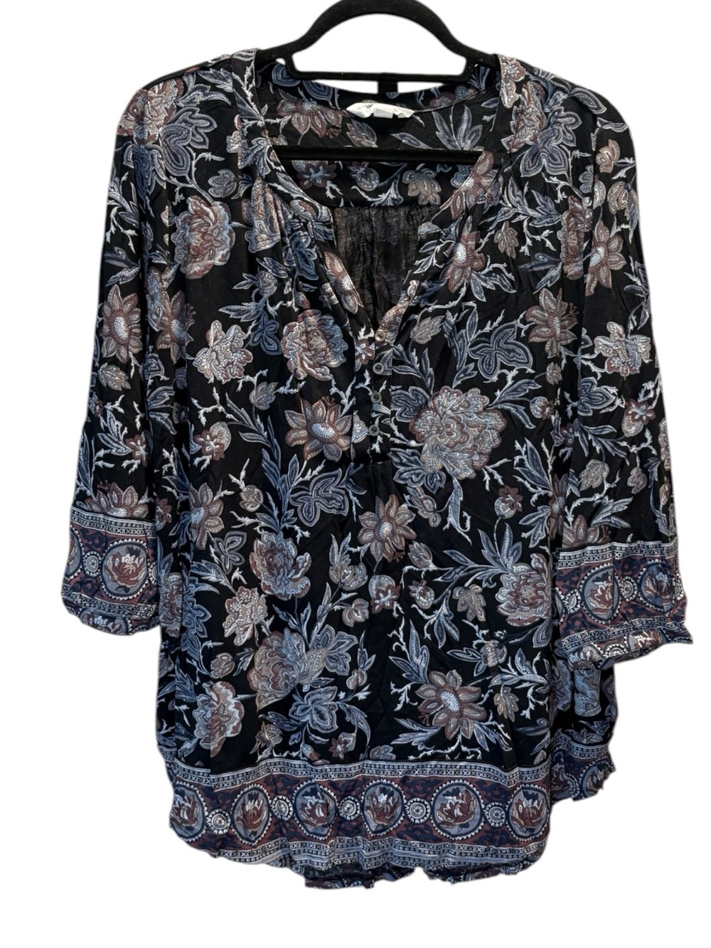 Lucky Brand Black Floral Split-Neck Top